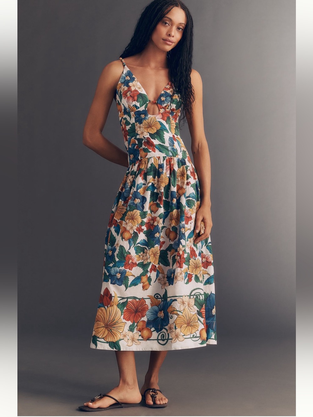 FARM Rio Floral Tie-Front Midi Dress in Blue, Green, Yellow, Orange
